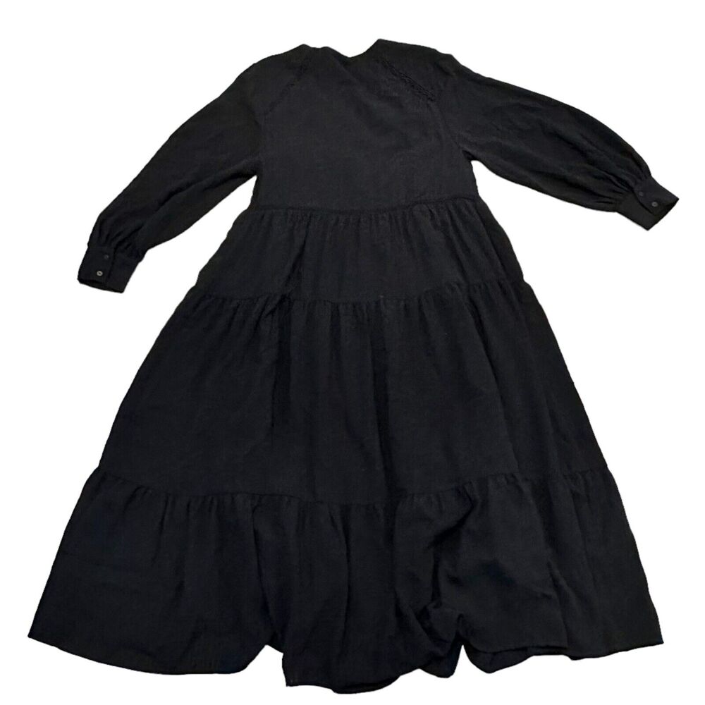 Zara Women's SM Textured Midi Tiered Dress BlackLong Sleeve Black Boho Peasant
